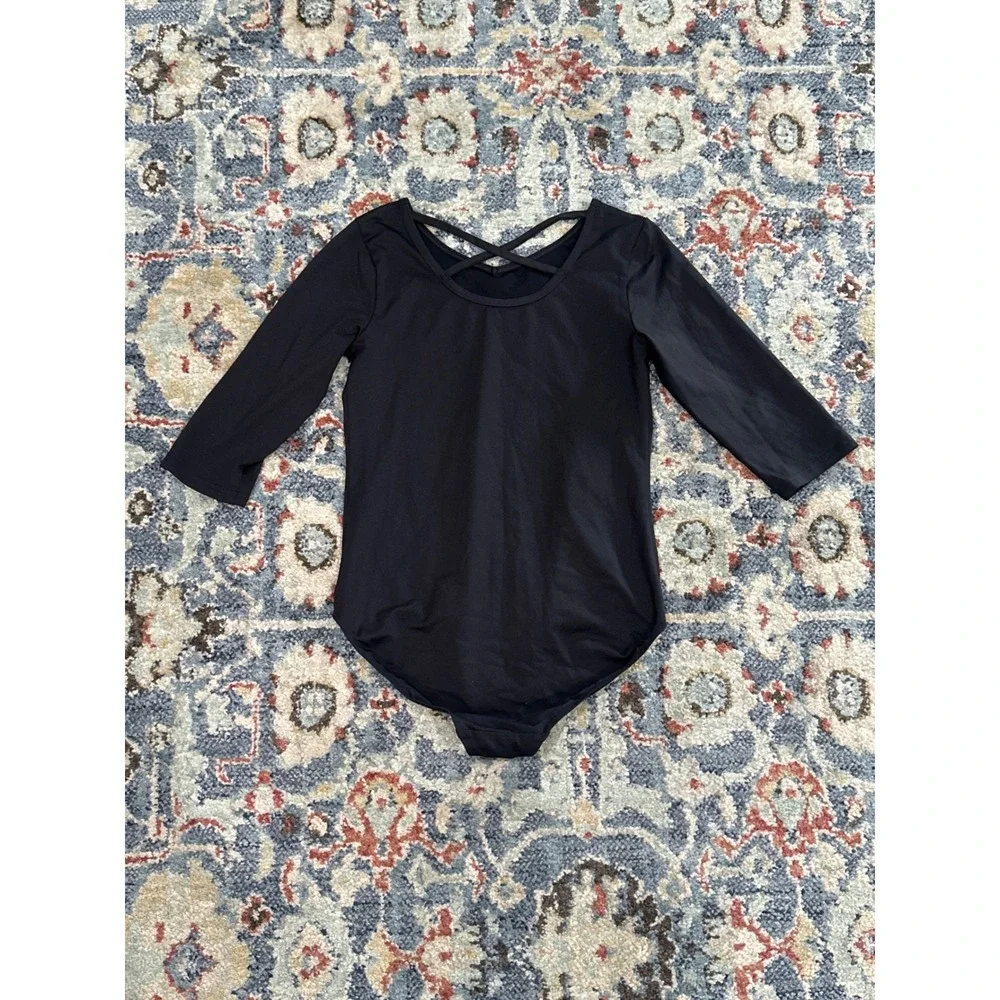 Danskin Leotard Girls 14/16‎ XL Black Criss Cross Back 3/4 Sleeve EUC